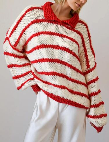 Lentta Womens Striped Sweater Crewneck Drop Shoulder Long Balloon Sleeve Oversized Knit Pullover in Saudi Arabia