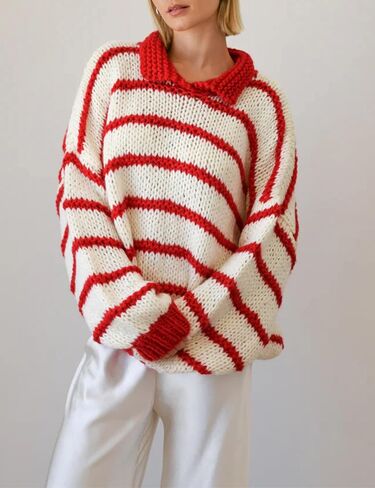 Lentta Womens Striped Sweater Crewneck Drop Shoulder Long Balloon Sleeve Oversized Knit Pullover in Saudi Arabia