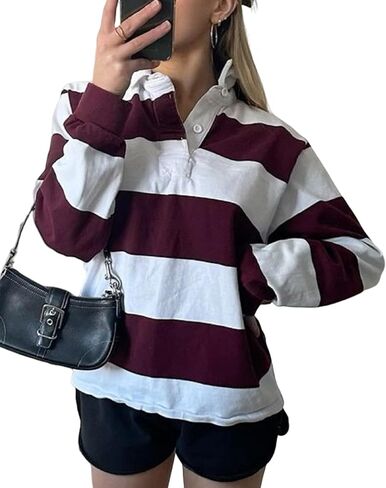 Women Striped Rugby Shirt Y2k Long Sleeve Oversized Polo Sweatshirt Vintage Collared Shirt Pullover Top Streetwear in Saudi Arabia