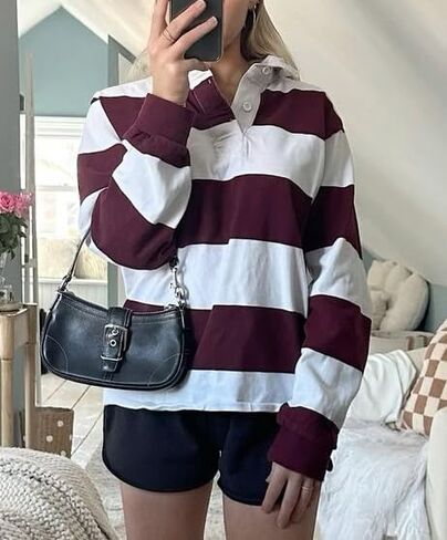 Women Striped Rugby Shirt Y2k Long Sleeve Oversized Polo Sweatshirt Vintage Collared Shirt Pullover Top Streetwear in Saudi Arabia
