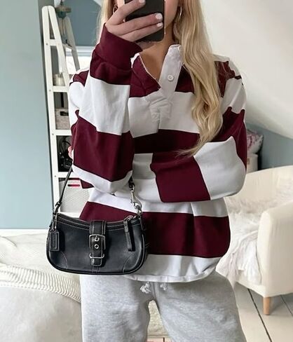 Women Striped Rugby Shirt Y2k Long Sleeve Oversized Polo Sweatshirt Vintage Collared Shirt Pullover Top Streetwear in Saudi Arabia