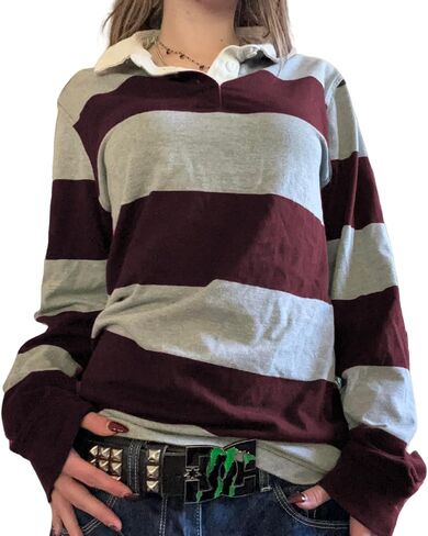Women Striped Rugby Shirt Y2k Long Sleeve Oversized Polo Sweatshirt Vintage Collared Shirt Pullover Top Streetwear in Saudi Arabia