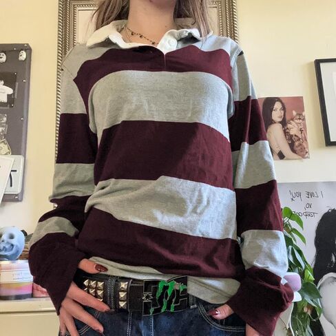 Women Striped Rugby Shirt Y2k Long Sleeve Oversized Polo Sweatshirt Vintage Collared Shirt Pullover Top Streetwear in Saudi Arabia