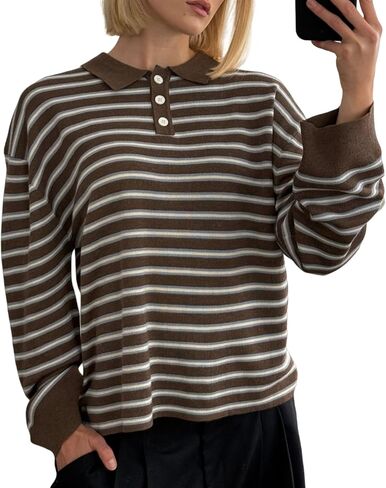 Women Striped Rugby Shirt Y2k Long Sleeve Oversized Polo Sweatshirt Vintage Collared Shirt Pullover Top Streetwear in Saudi Arabia