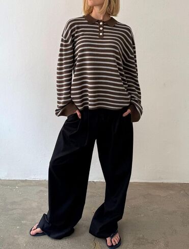 Women Striped Rugby Shirt Y2k Long Sleeve Oversized Polo Sweatshirt Vintage Collared Shirt Pullover Top Streetwear in Saudi Arabia