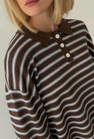 Women Striped Rugby Shirt Y2k Long Sleeve Oversized Polo Sweatshirt Vintage Collared Shirt Pullover Top Streetwear in Saudi Arabia