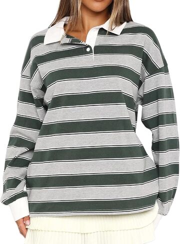 Women Striped Rugby Shirt Y2k Long Sleeve Oversized Polo Sweatshirt Vintage Collared Shirt Pullover Top Streetwear in Saudi Arabia