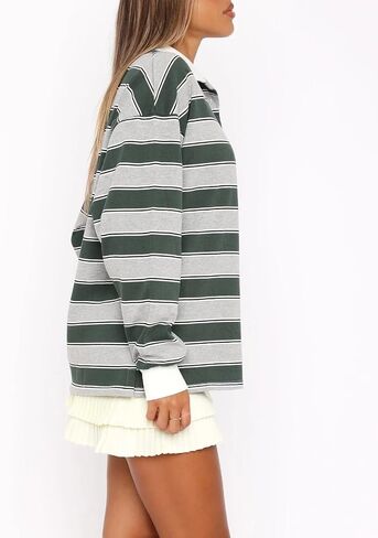 Women Striped Rugby Shirt Y2k Long Sleeve Oversized Polo Sweatshirt Vintage Collared Shirt Pullover Top Streetwear in Saudi Arabia