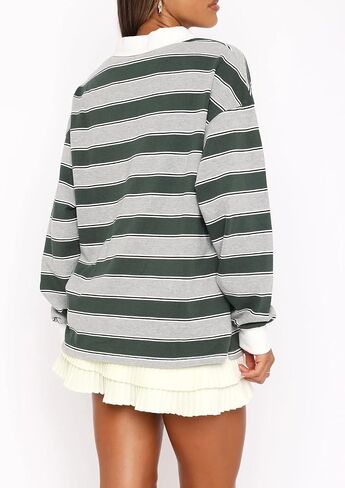 Women Striped Rugby Shirt Y2k Long Sleeve Oversized Polo Sweatshirt Vintage Collared Shirt Pullover Top Streetwear in Saudi Arabia
