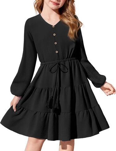 Arshiner Tween Girls Dresses Fall Long Sleeve V Neck Waist Tie Ruffle Tiered Swing Skater Dress in Kuwait