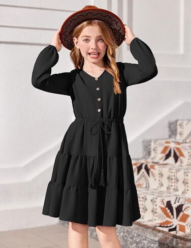 Arshiner Tween Girls Dresses Fall Long Sleeve V Neck Waist Tie Ruffle Tiered Swing Skater Dress in Kuwait