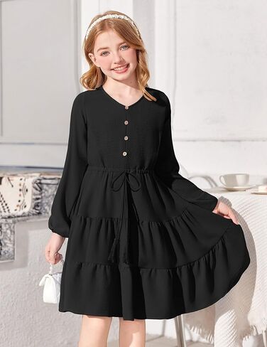Arshiner Tween Girls Dresses Fall Long Sleeve V Neck Waist Tie Ruffle Tiered Swing Skater Dress in Kuwait