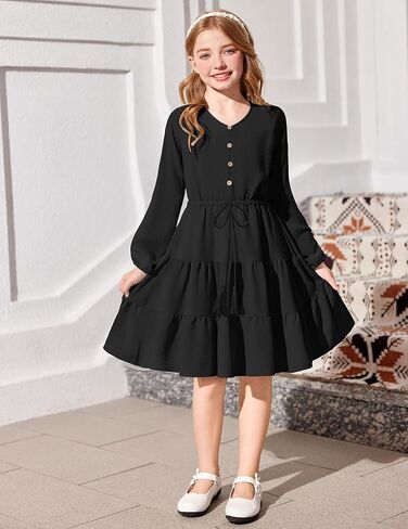 Arshiner Tween Girls Dresses Fall Long Sleeve V Neck Waist Tie Ruffle Tiered Swing Skater Dress in Kuwait