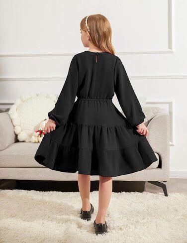 Arshiner Tween Girls Dresses Fall Long Sleeve V Neck Waist Tie Ruffle Tiered Swing Skater Dress in Kuwait