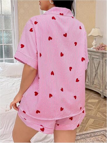 Verdusa Women's Plus Size 2 Piece Heart Striped Pajama Set Button Up Collared Shirts with Shorts Loungewear in Kuwait