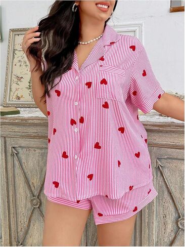 Verdusa Women's Plus Size 2 Piece Heart Striped Pajama Set Button Up Collared Shirts with Shorts Loungewear in Kuwait