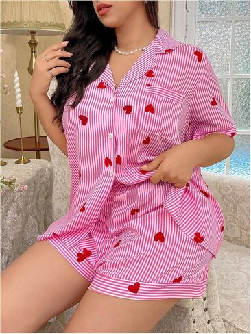 Verdusa Women's Plus Size 2 Piece Heart Striped Pajama Set Button Up Collared Shirts with Shorts Loungewear in Kuwait