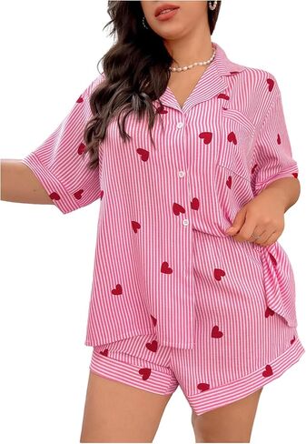 Verdusa Women's Plus Size 2 Piece Heart Striped Pajama Set Button Up Collared Shirts with Shorts Loungewear in Kuwait