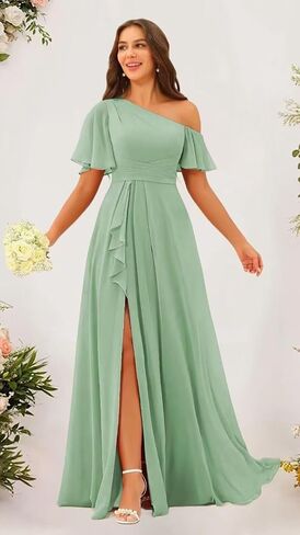 One Shoulder Bridesmaid Dresses with Pockets for Women Ruffle Chiffon Pleated Long Formal Dress in Saudi Arabia