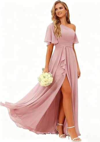One Shoulder Bridesmaid Dresses with Pockets for Women Ruffle Chiffon Pleated Long Formal Dress in Saudi Arabia