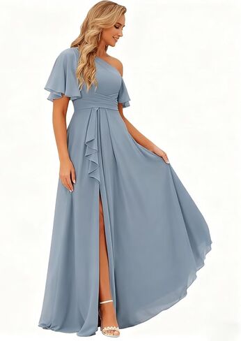 One Shoulder Bridesmaid Dresses with Pockets for Women Ruffle Chiffon Pleated Long Formal Dress in Saudi Arabia