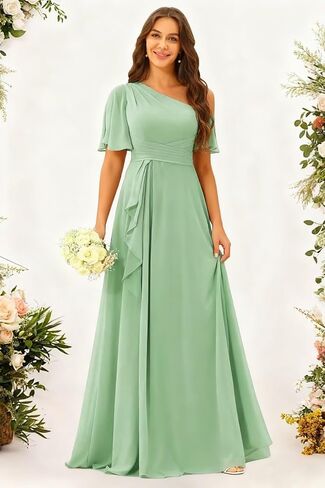 One Shoulder Bridesmaid Dresses with Pockets for Women Ruffle Chiffon Pleated Long Formal Dress in Saudi Arabia