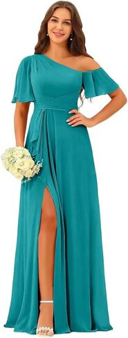 One Shoulder Bridesmaid Dresses with Pockets for Women Ruffle Chiffon Pleated Long Formal Dress in Saudi Arabia