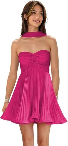 Strapless Bridesmaid Dresses Pleated Chiffon Mini Party Gowns Short Homecoming Dress with Scarf in Saudi Arabia