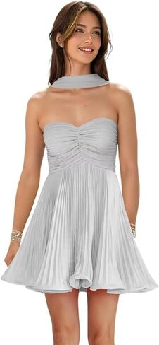 Strapless Bridesmaid Dresses Pleated Chiffon Mini Party Gowns Short Homecoming Dress with Scarf in Saudi Arabia