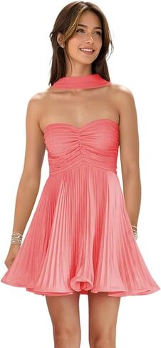 Strapless Bridesmaid Dresses Pleated Chiffon Mini Party Gowns Short Homecoming Dress with Scarf in Saudi Arabia