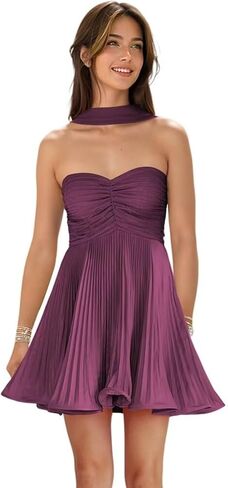 Strapless Bridesmaid Dresses Pleated Chiffon Mini Party Gowns Short Homecoming Dress with Scarf in Saudi Arabia