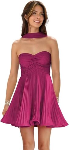 Strapless Bridesmaid Dresses Pleated Chiffon Mini Party Gowns Short Homecoming Dress with Scarf in Saudi Arabia