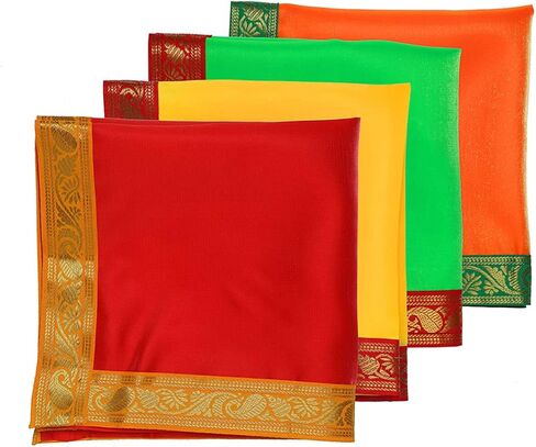 Set of 4 Small Pooja Cloth Mat Aasan Decorative Cloth (Size:-16 Inches X 16 Inches,) for Indian Traditional Multipurpose Pooja Diwali Decorations Item & Article Yellow Laxmi in Saudi Arabia