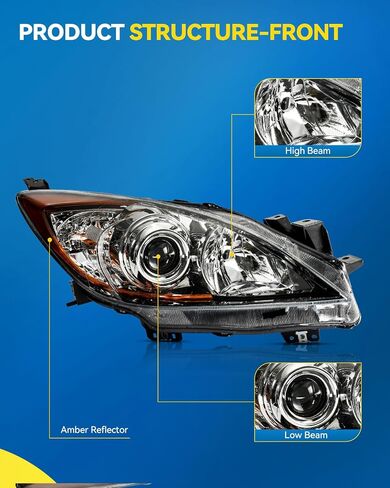 PHILTOP Headlights Assembly Compatible with 2010-2013 Mazda 3,Chrome Housing Clear Lens Amber Reflector,Halogen Headlamps (Driver + Passenger Side) in Saudi Arabia