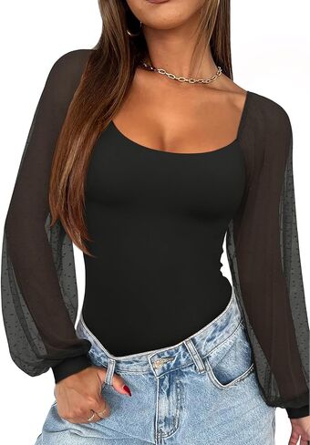 REORIA Women's Casual Mesh Long Sleeve Polka Dot Square Neck Tops Trendy Cute Dressy Slim Fit Going Out T-Shirts in Saudi Arabia