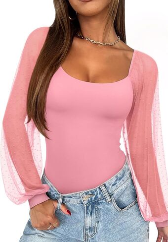 REORIA Women's Casual Mesh Long Sleeve Polka Dot Square Neck Tops Trendy Cute Dressy Slim Fit Going Out T-Shirts in Saudi Arabia