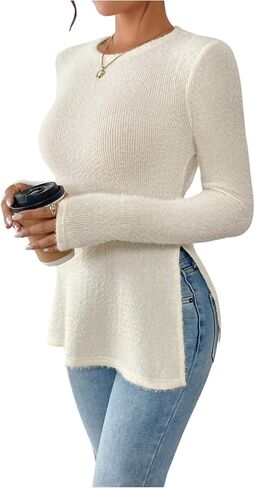 Women's Ribbed Knit Long Sleeve Split T Shirts Crewneck Fuzzy Fitted Tee Tops Elegant Top in Saudi Arabia