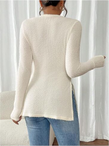 Women's Ribbed Knit Long Sleeve Split T Shirts Crewneck Fuzzy Fitted Tee Tops Elegant Top in Saudi Arabia