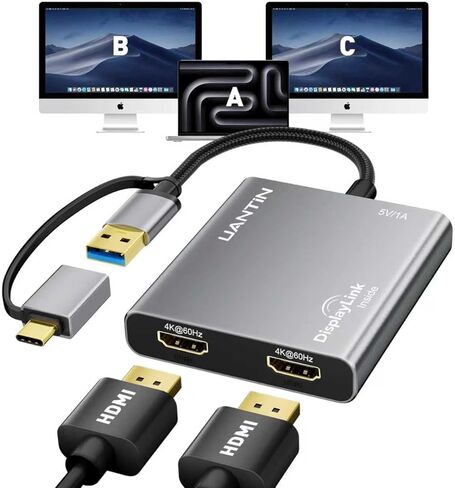 USB C to HDMI Adapter for Mac M1/M2/M3, 4K@60Hz DisplayLink (DL6950) Adapter for Dual Monitor, HDMI Splitter Extended Display Adapter for MacBook Air/Pro, Laptop, Driver Required in Kuwait