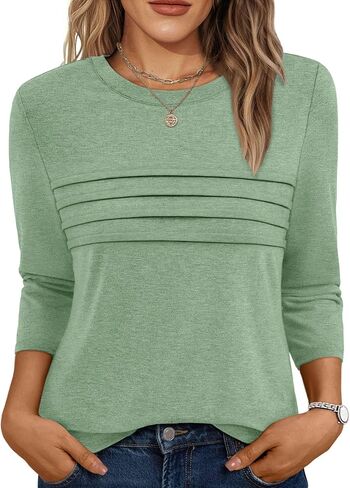 AUTOMET Women's 3/4 Length Sleeve Tops Crew Neck Casual Tunics Dressy Pleated T Shirts Summer Blouses 2025 in Saudi Arabia