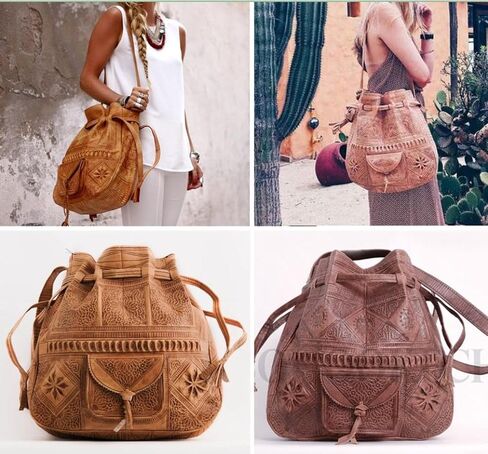 Moroccan Leather Bucket Bag, Handmade Boho Crossbody Drawstring Purse for Women in Saudi Arabia