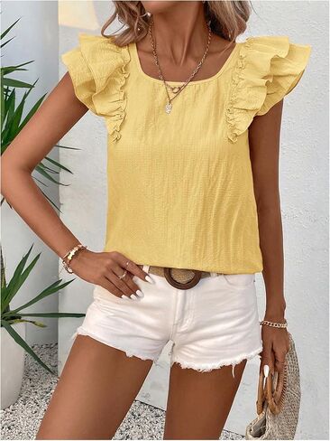 SOLY HUX Women's Cute Knot Bow Back Ruffle Sleeve Shirts Summer Casual Peasant Blouse Tee Tops in Saudi Arabia