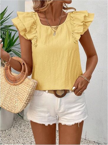 SOLY HUX Women's Cute Knot Bow Back Ruffle Sleeve Shirts Summer Casual Peasant Blouse Tee Tops in Saudi Arabia