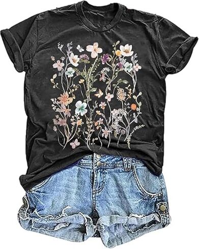 Women's Vintage Floral T Shirt Boho Wildflower Graphic Loose Tees Short Sleeve Casual Abstract Flower Tops in Saudi Arabia