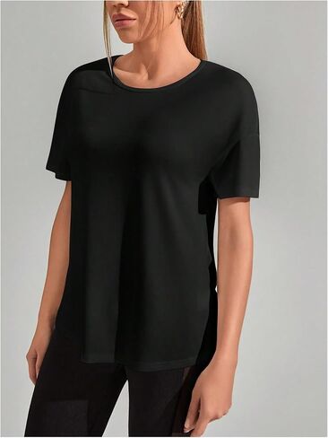 SweatyRocks Women's Cut Out Criss Cross Back Athletic Shirt Short Sleeve Crew Neck Loose Fit Workout Tops in Saudi Arabia
