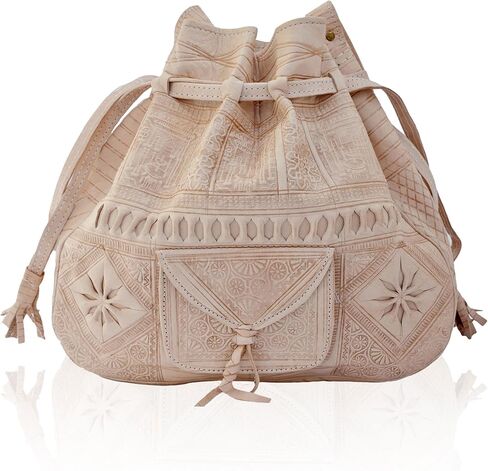 Moroccan Leather Bucket Bag, Handmade Boho Crossbody Drawstring Purse for Women in Saudi Arabia