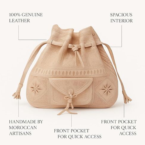 Moroccan Leather Bucket Bag, Handmade Boho Crossbody Drawstring Purse for Women in Saudi Arabia