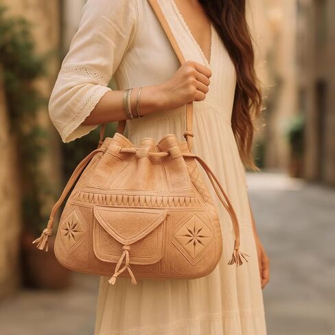 Moroccan Leather Bucket Bag, Handmade Boho Crossbody Drawstring Purse for Women in Saudi Arabia