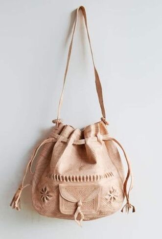 Moroccan Leather Bucket Bag, Handmade Boho Crossbody Drawstring Purse for Women in Saudi Arabia
