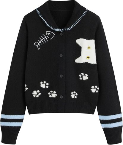 CIDER Cardigan Sweater for Women Knitted Long Sleeve Collared Cat Cute Pattern Button Down Crop Tops in Saudi Arabia